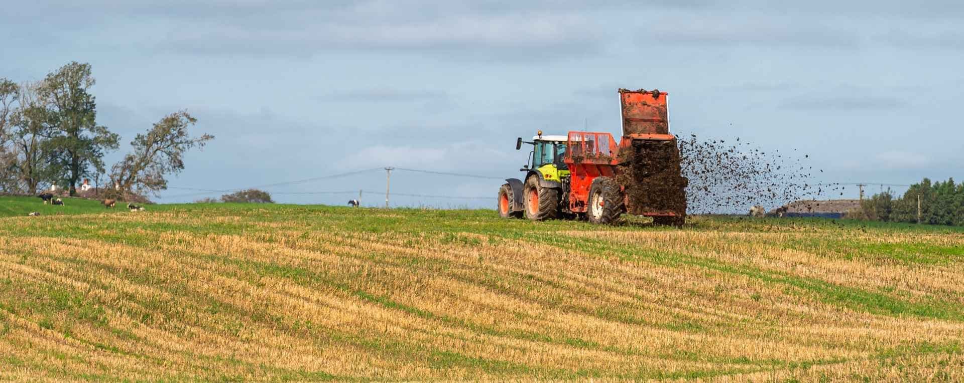 Spredning av biorest på et jordet ved bruk av traktor. Foto. 